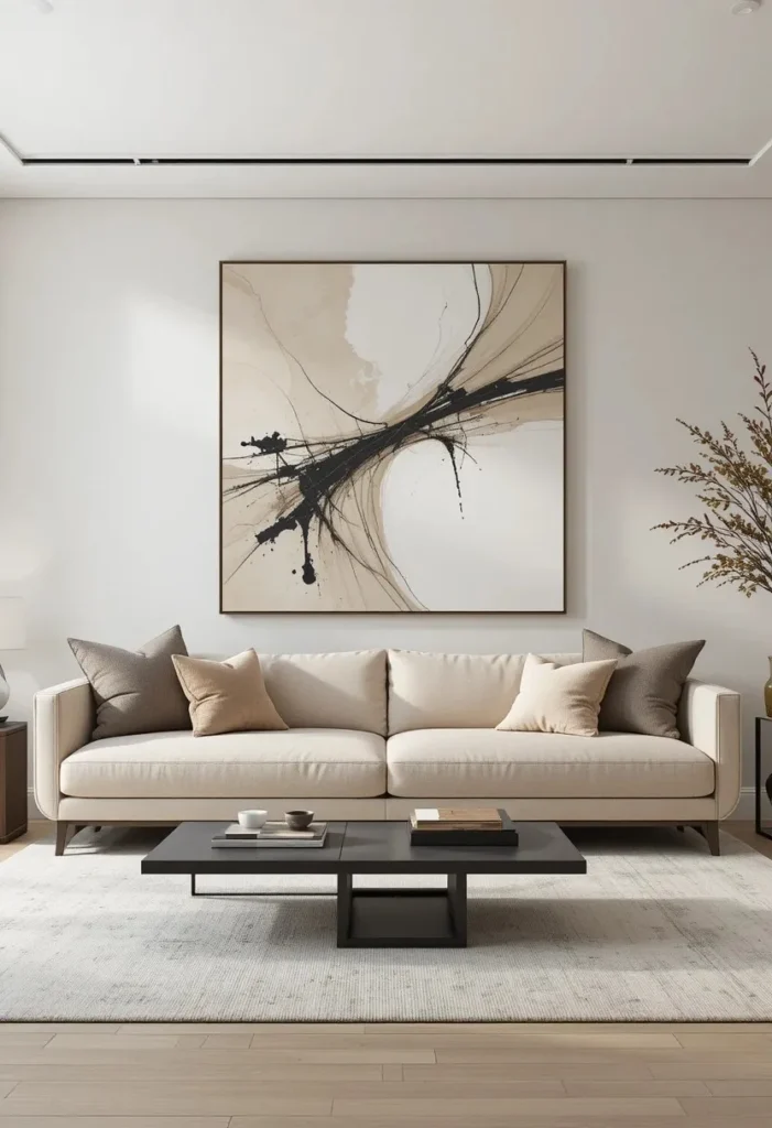 Minimalist living room with clean neutral design and maximum impact