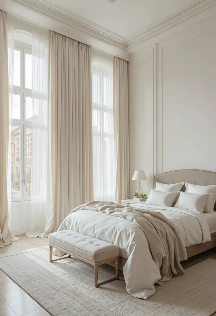 Full guest bedroom with soft floor-to-ceiling curtains