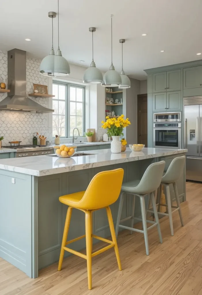 Playful kitchen with colorful bar stools adding personality.