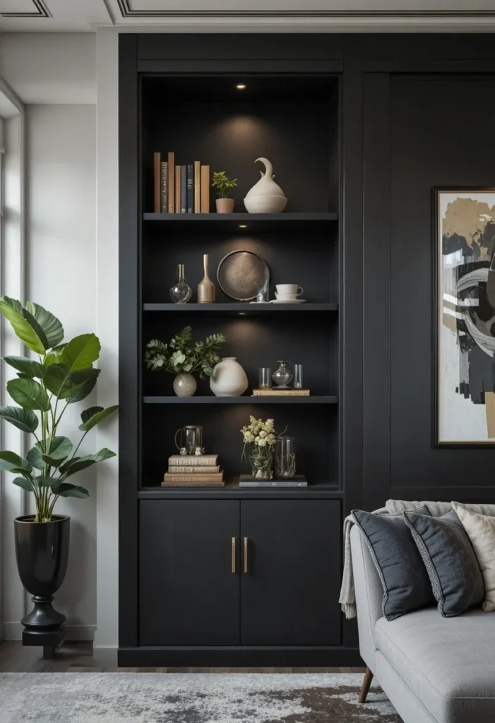 Matte black built-in shelves adding drama to a modern living room.