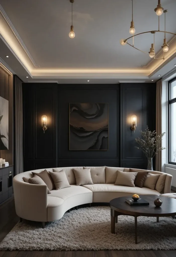 Matte black accent wall in a sophisticated modern living room.