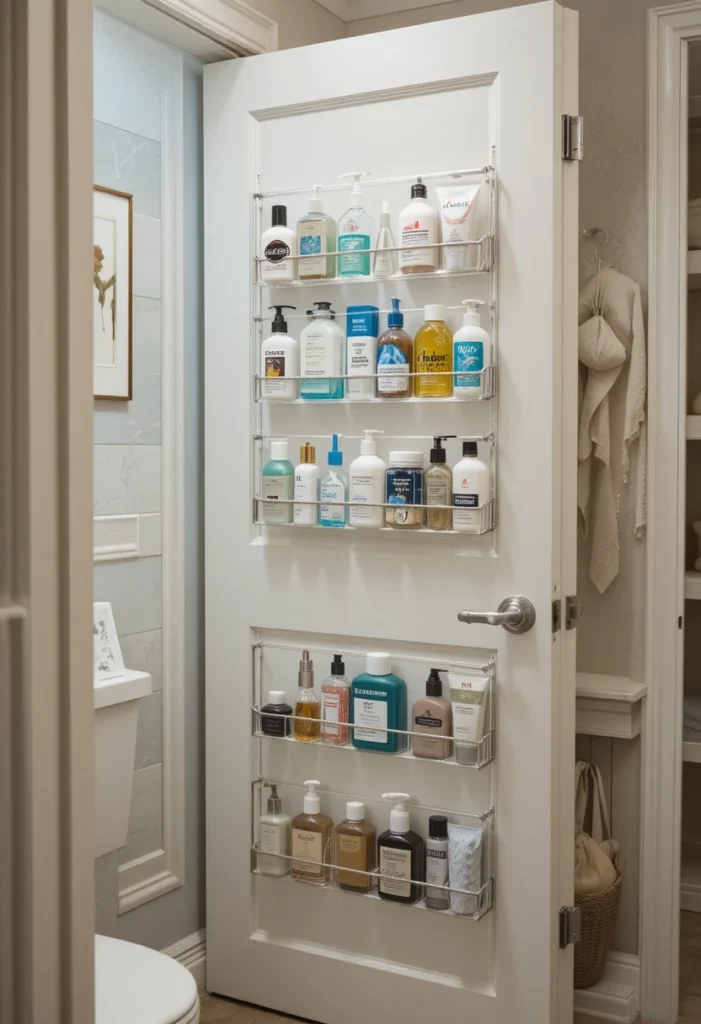 Small bathroom using over-the-door organizer for instant storage