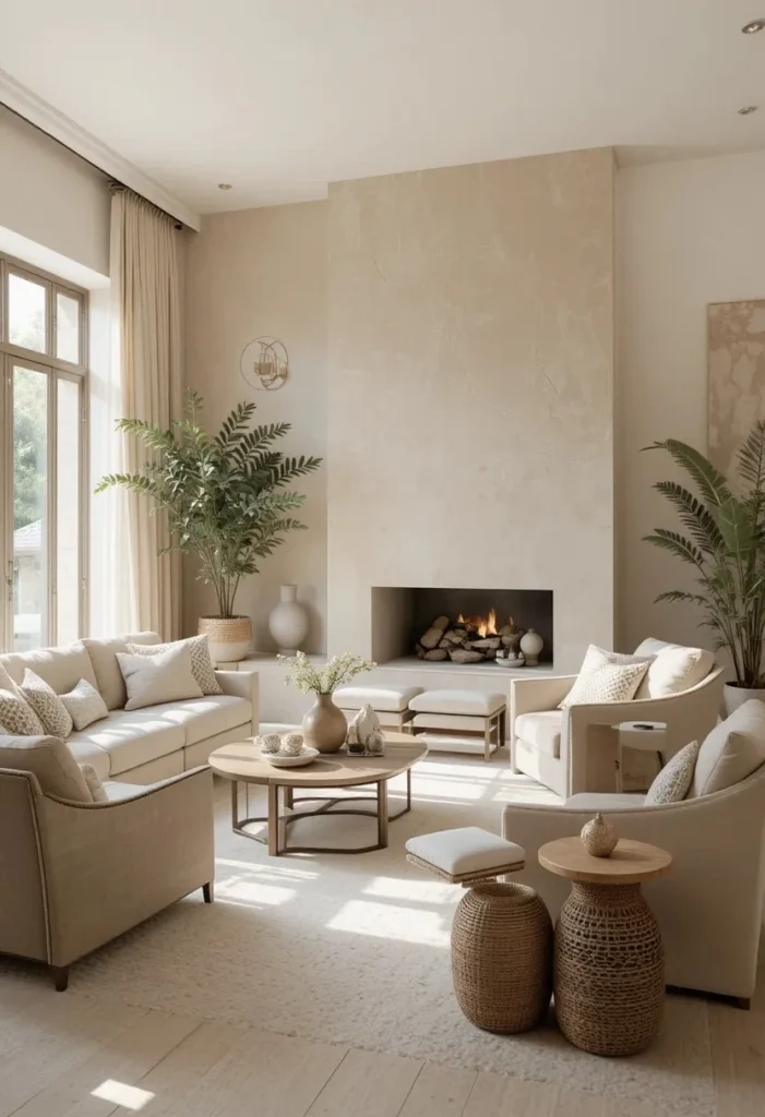 Textured limewash accent wall in a warm neutral living room.