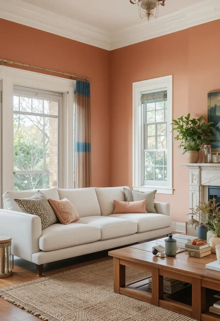 Full living room with terracotta accent wall creating a cozy earthy atmosphere