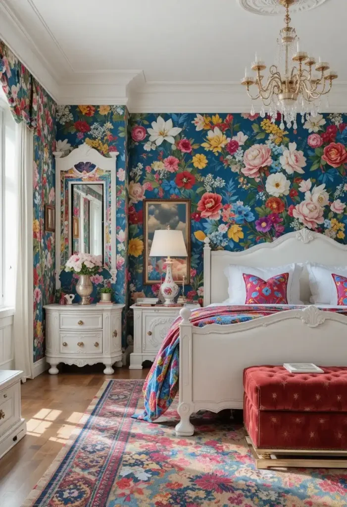 Colorful maximalist bedroom with dramatic patterned wallpaper.