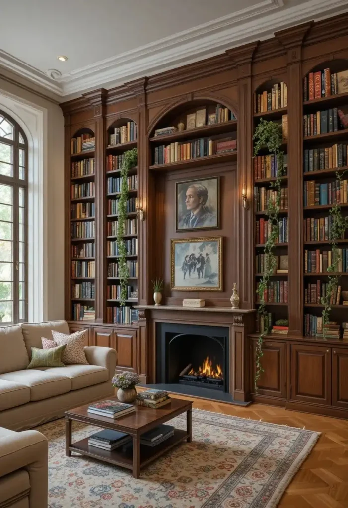 Floor-to-ceiling walnut built-in shelves creating a grand library-style living room.