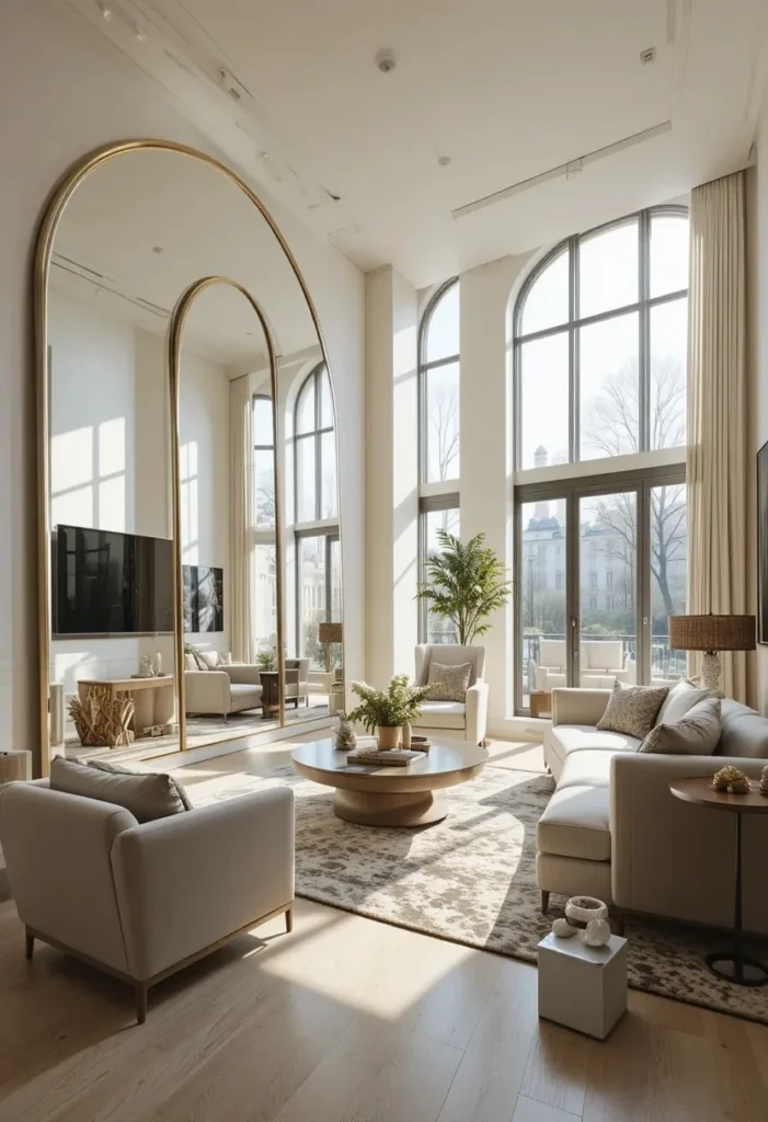 Full apartment living room with large mirror creating spacious look