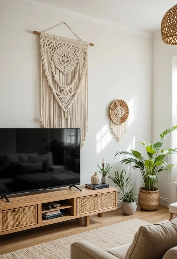 Boho TV wall styled with macramé wall hanging and earthy textures