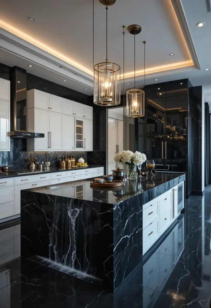 Luxury kitchen featuring dramatic black waterfall countertops.