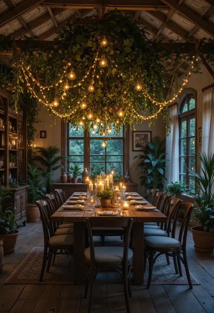 Boho dining room illuminated by warm string lights and soft ambient lighting.