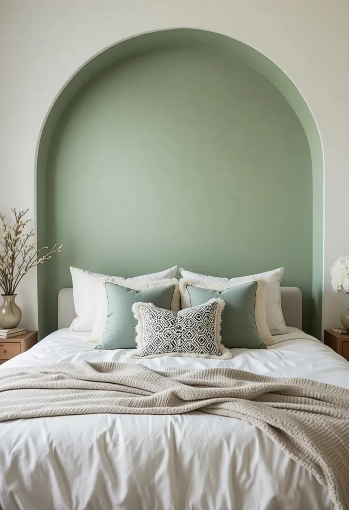 Painted sage green arch wall decor behind bedroom bed.