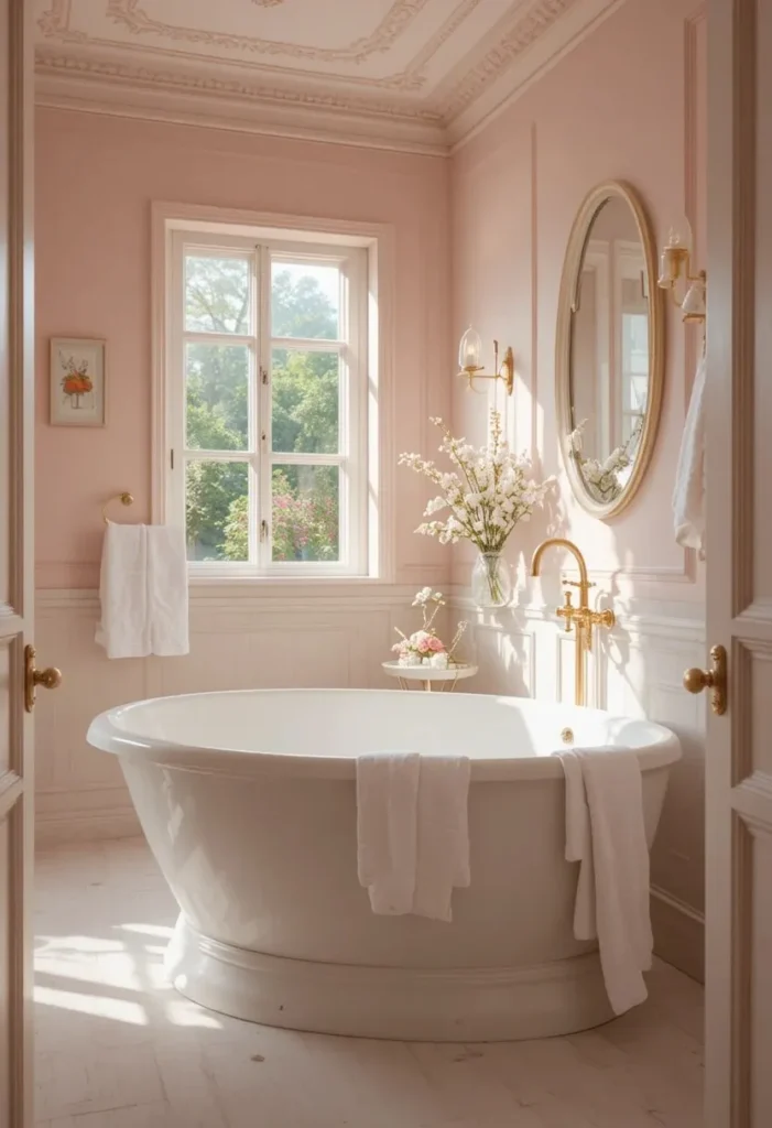 Pastel pink bathroom with a white soaking tub and elegant gold accents.