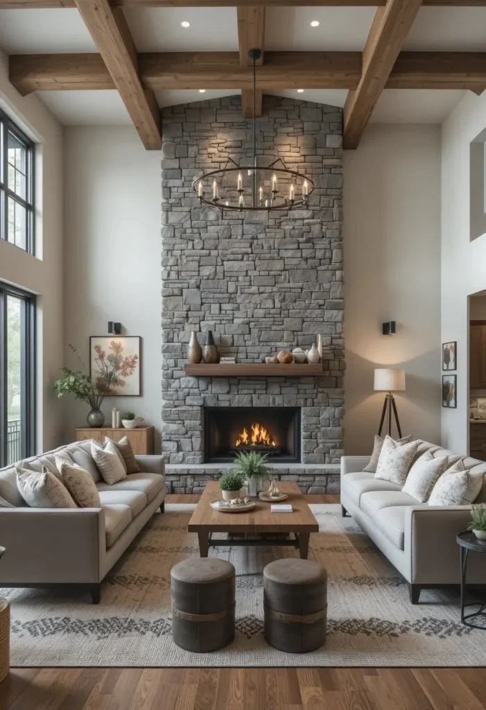 Stone veneer accent wall adding texture to a cozy living room.