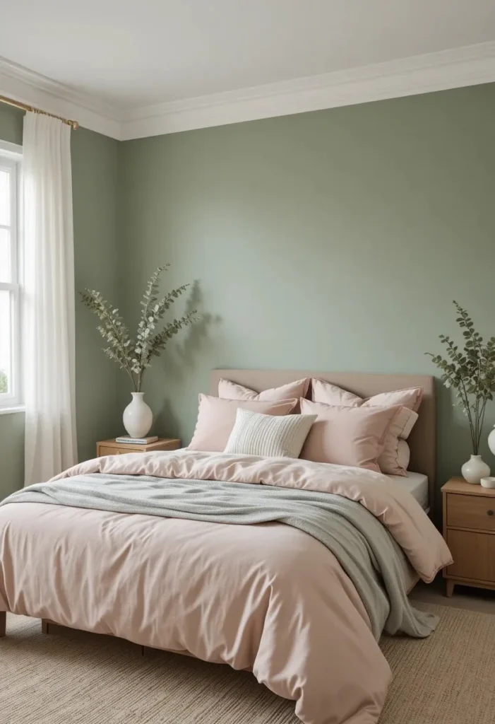 Dusty pink and sage green bedroom color combination.
