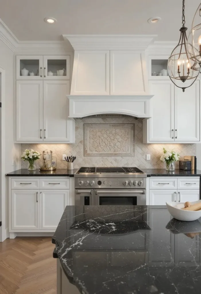 Elegant kitchen with textured black leathered granite countertops.