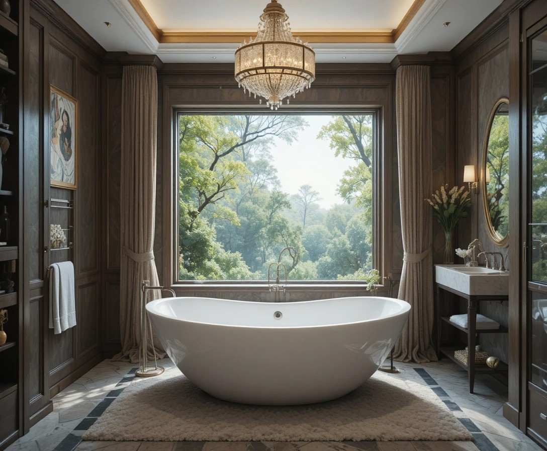 Beautiful Full view of bathroom with samll tub look