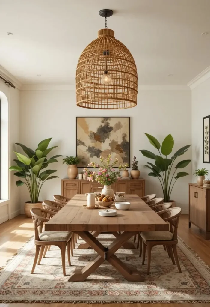 Boho dining room with a large rattan pendant light above a rustic wooden dining table.