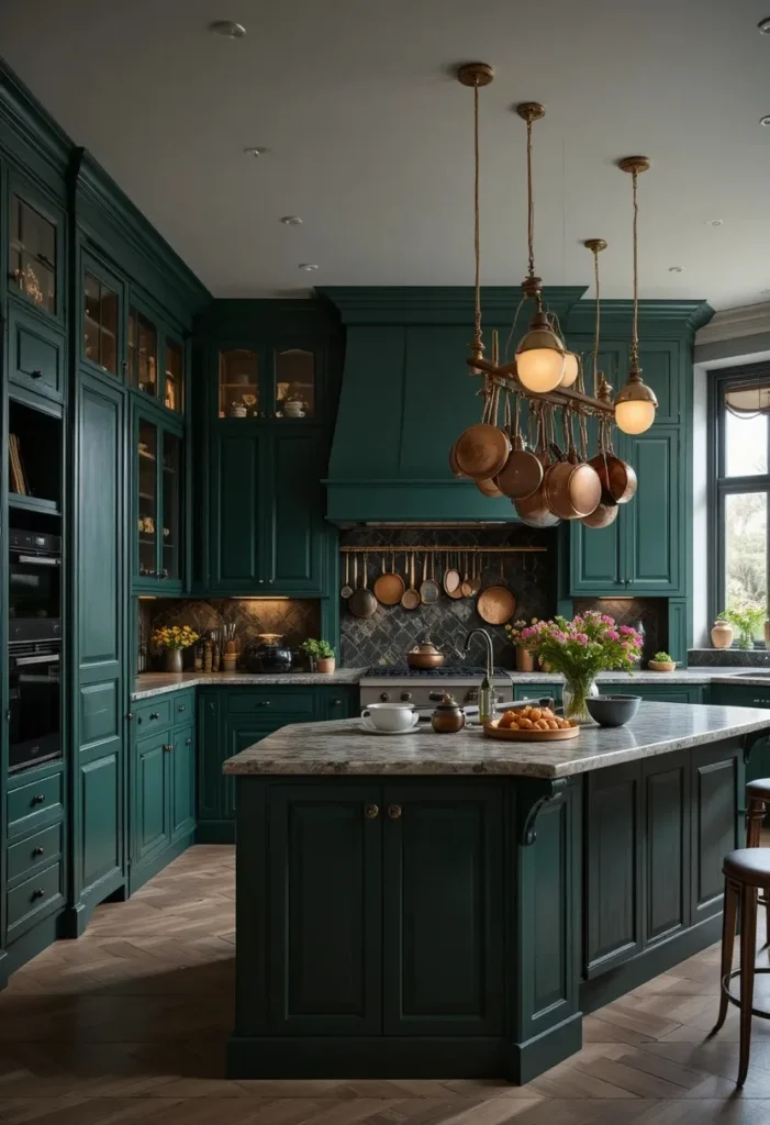 Forest green kitchen cabinets with copper accents and warm lighting