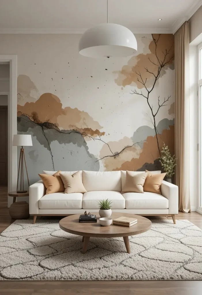 Abstract painted mural wall in a modern artistic living room.