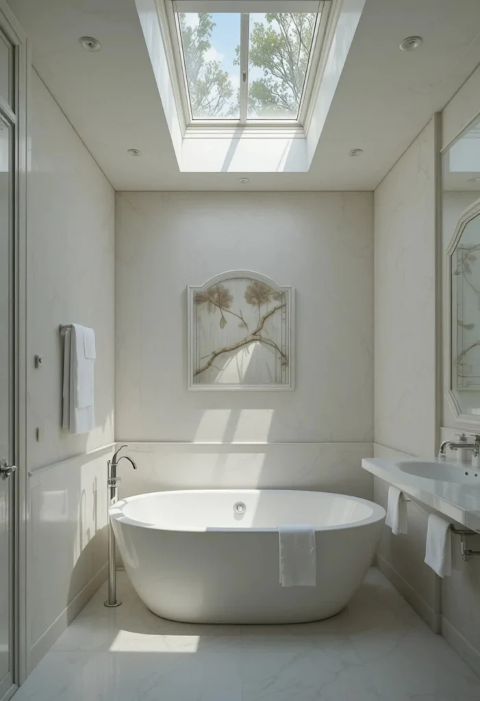 Small bathroom with a bathtub placed beneath a skylight flooding the room with natural light.