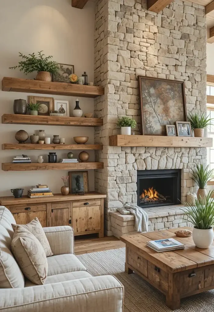 Rustic reclaimed wood floating shelves in a cozy living room.