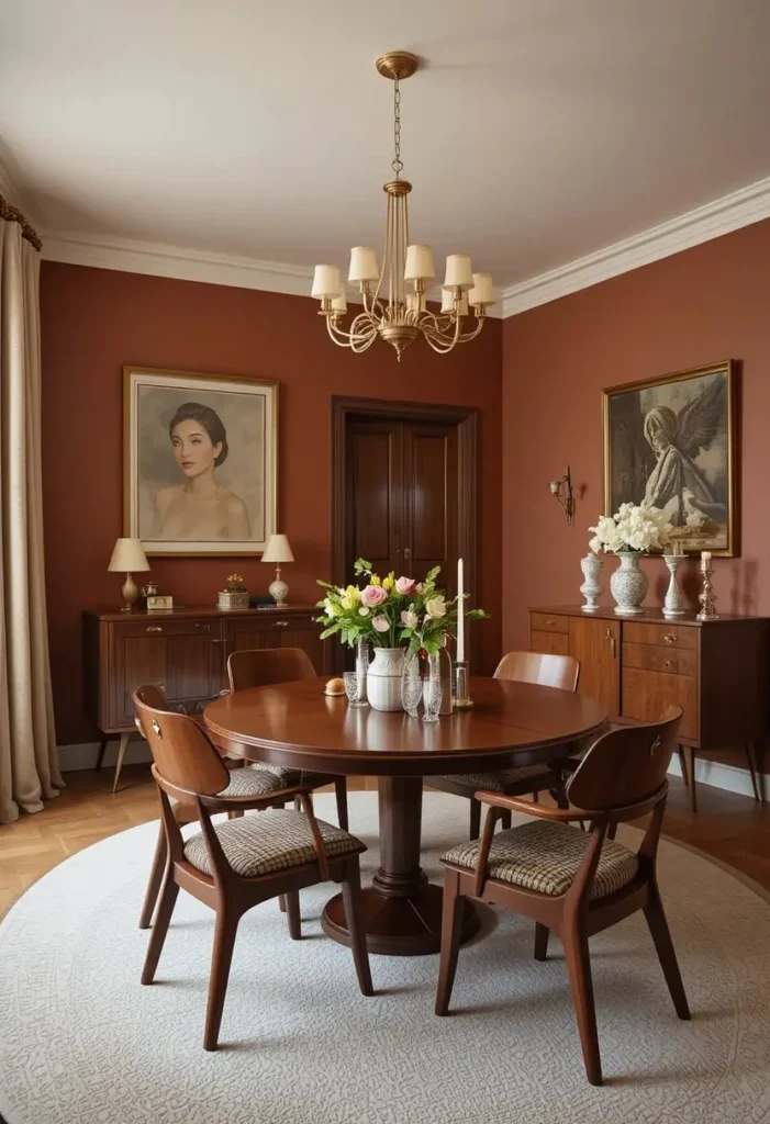 Mid century dining room showcasing coordinated brass hardware and fixtures.