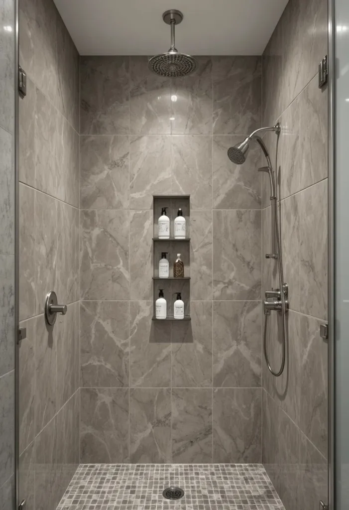 Small bathroom shower with vertical tension caddy storage