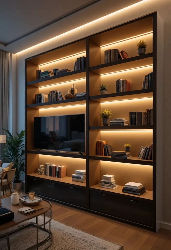 Built-in shelves glowing with warm LED lighting in a cozy living room.