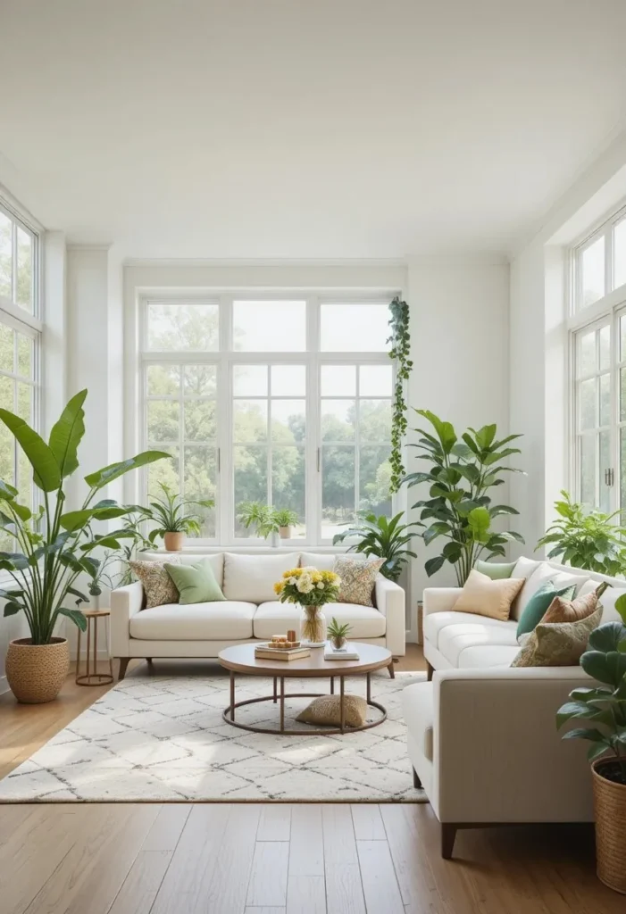 Full apartment living room decorated with lush indoor plants
