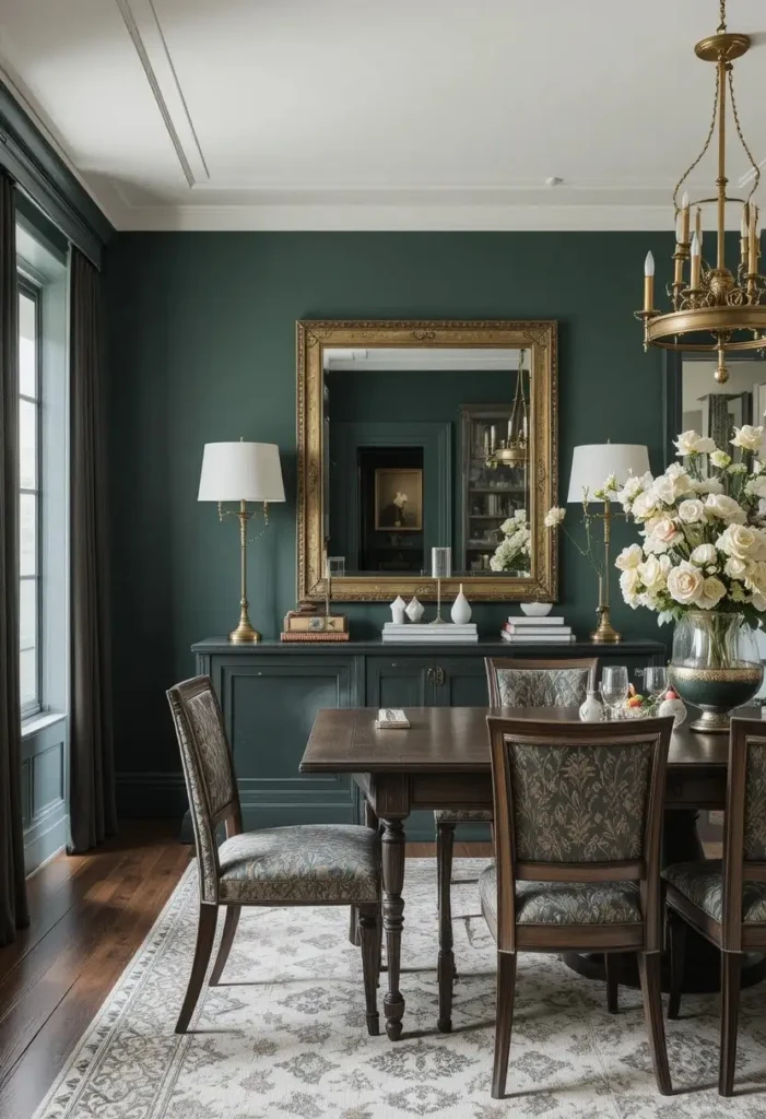 Full dining room with deep green sideboard as a bold focal point