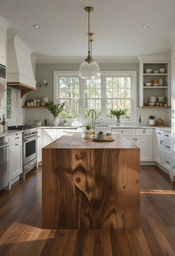 Warm Scandinavian kitchen featuring a walnut wood waterfall island and soft natural finishes.