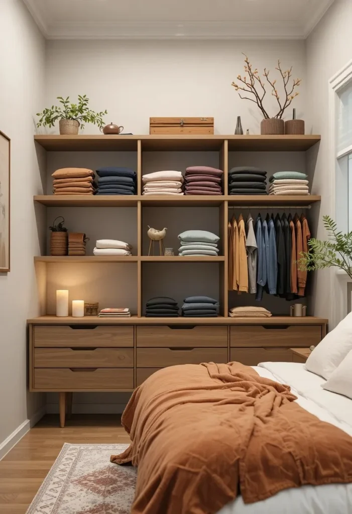 Floating shelves displaying folded clothes in a stylish boutique-inspired arrangement.
