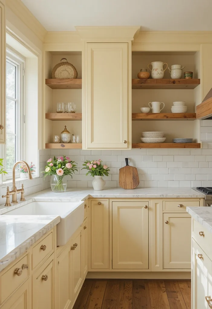 Butter yellow kitchen cabinets in a cheerful French-inspired kitchen