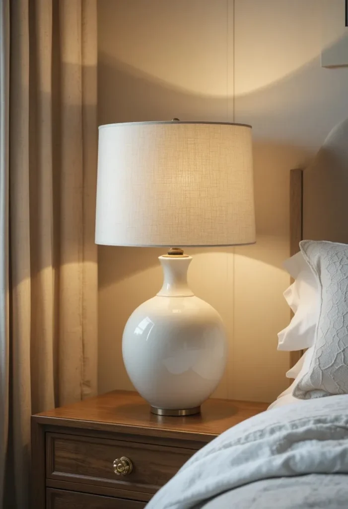 Classic ceramic bedside lamp with linen shade in elegant neutral bedroom.