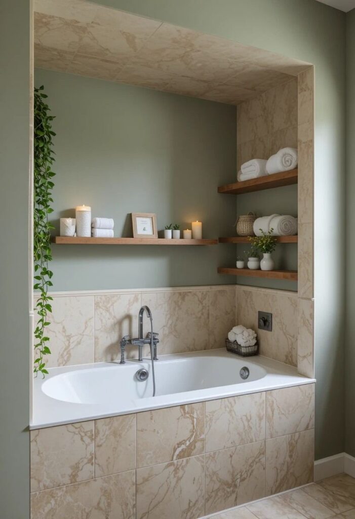 Small bathroom featuring an alcove tub with floating shelves and decorative storage.