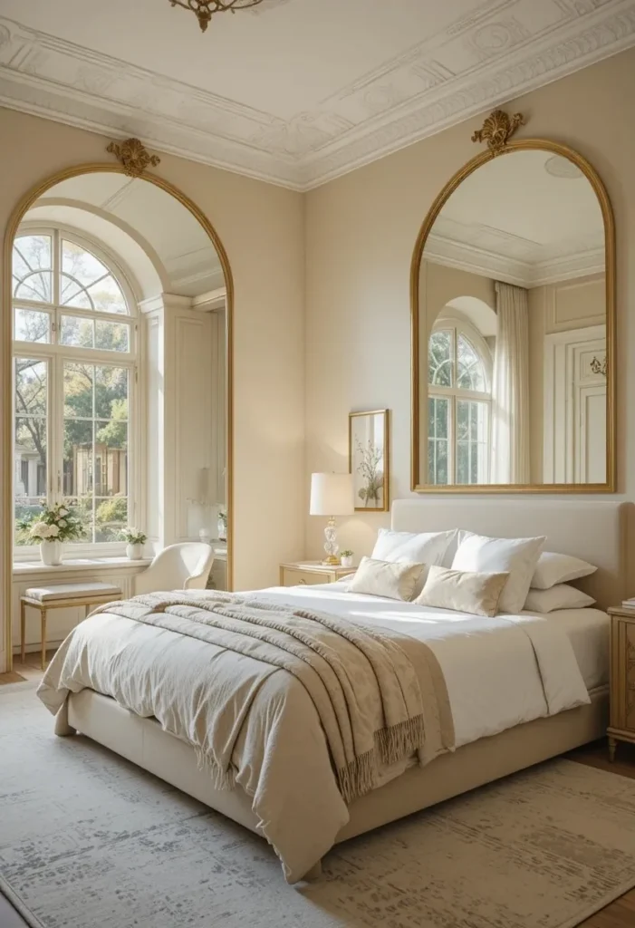 Decorative brass mirrors in bedroom adding light and depth.