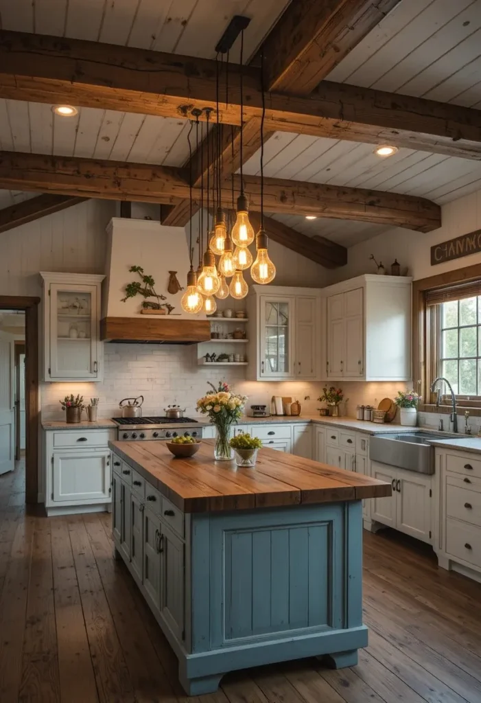 Farmhouse kitchen featuring vintage Edison bulb pendant lights above a rustic island.