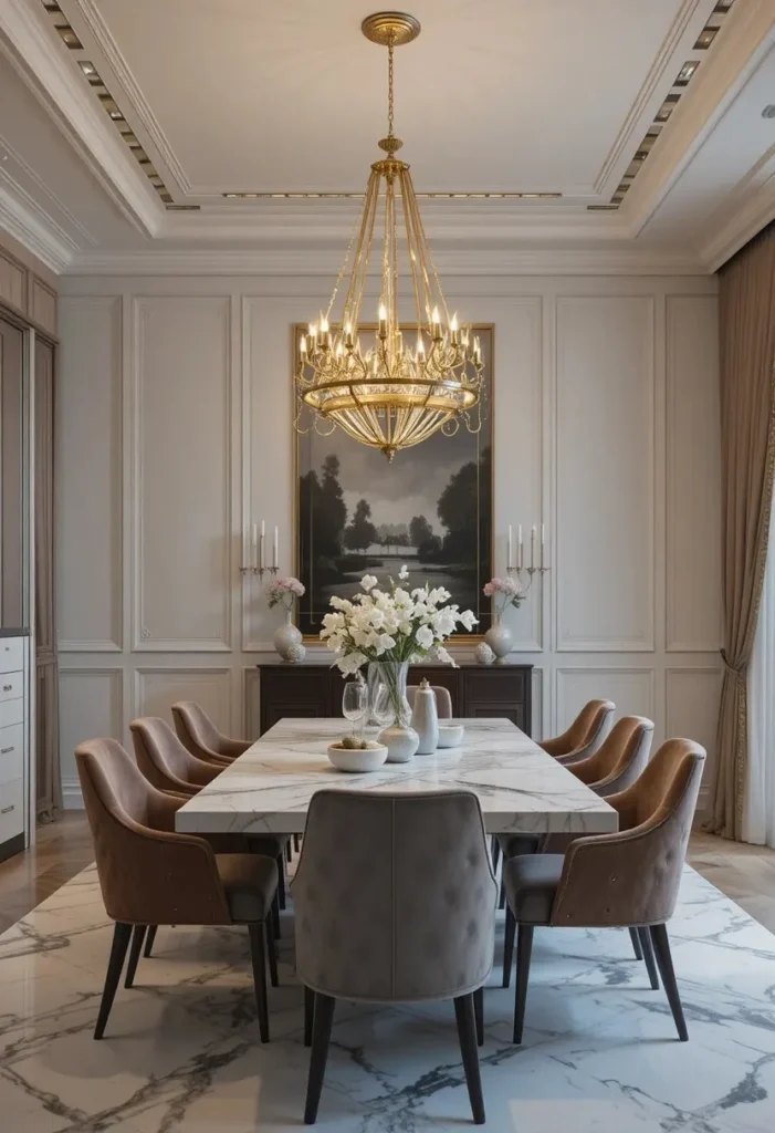 Gold geometric chandelier adding modern sophistication to a dining room.