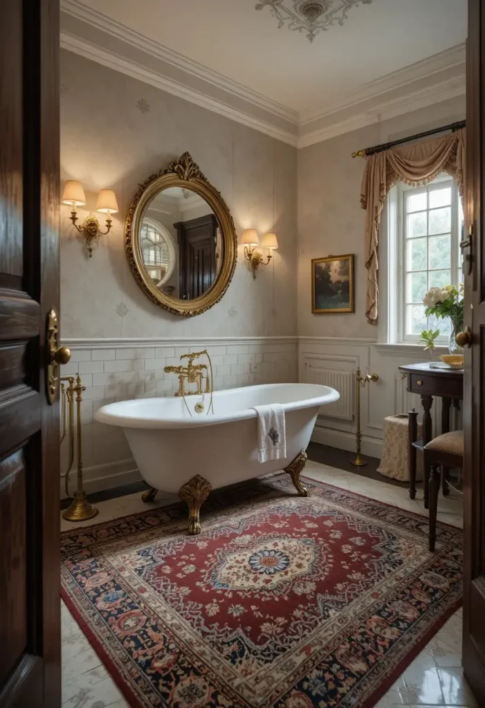 Vintage Persian-style rug bringing warmth and character to a classic bathroom.