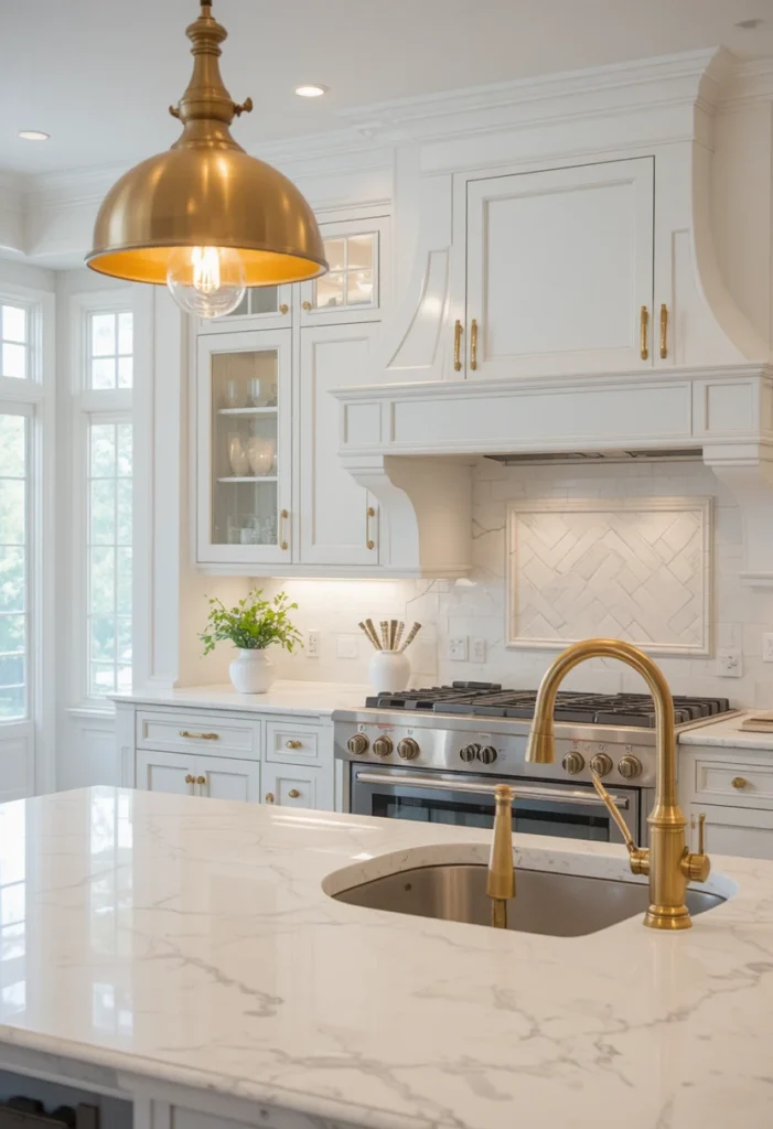 White kitchen warmed by elegant brass lighting and hardware accents.