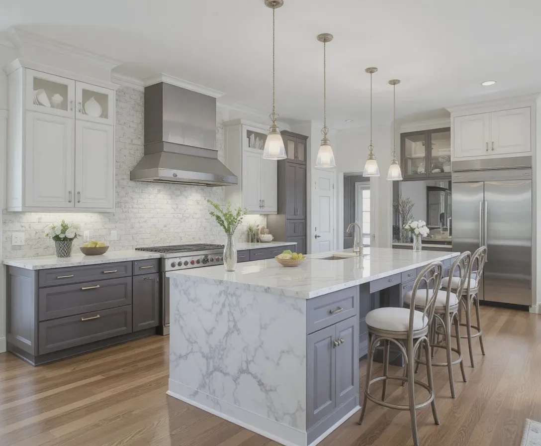 Beautiful one wall kitchen with island look