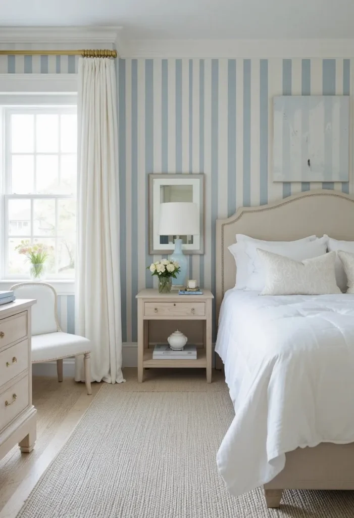 Bedroom with blue and white striped wallpaper and clean coastal style