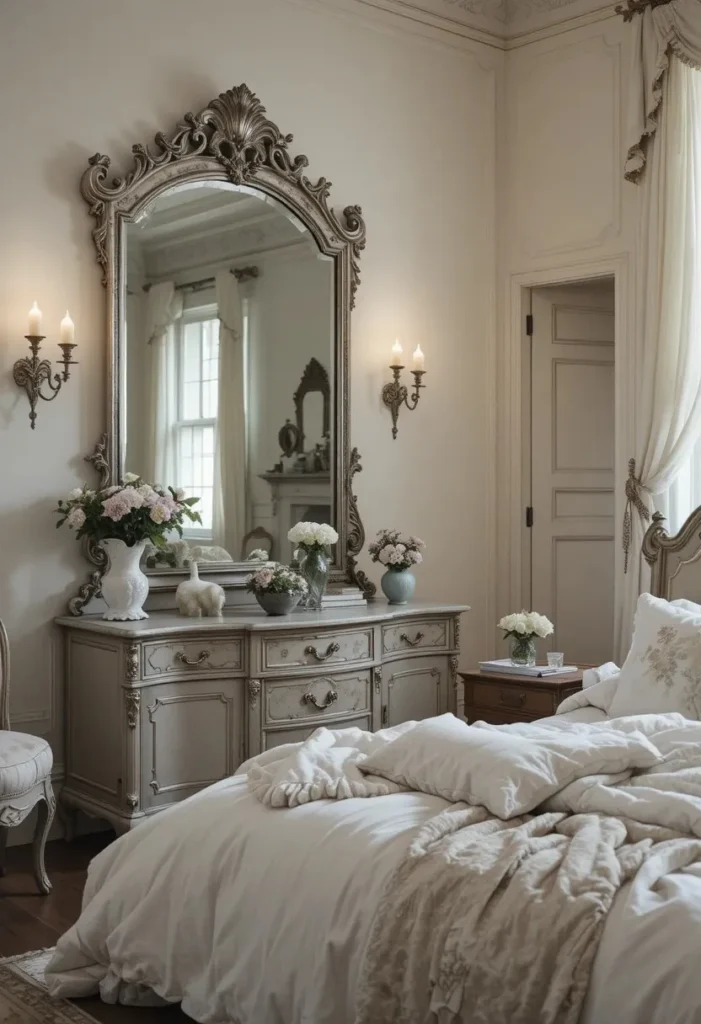 Antique foxed glass mirror with aged patina in a vintage-inspired bedroom.