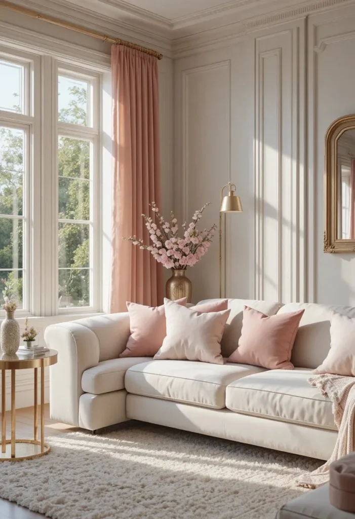 White couch paired with blush pink accents for a soft romantic style.