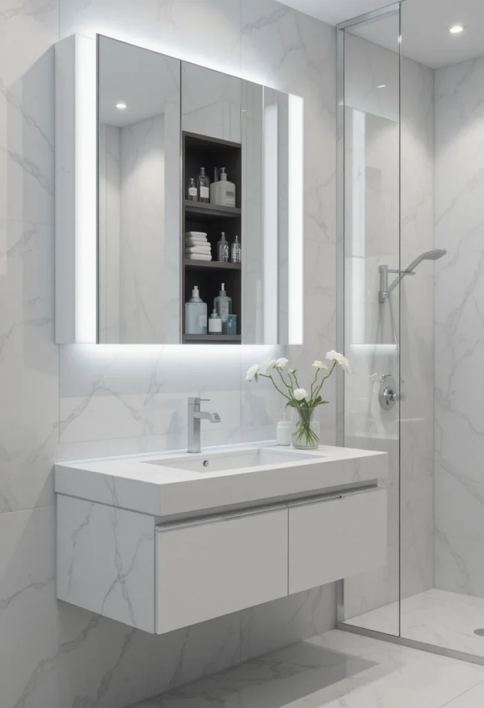 Modern mirrored bathroom cabinet with hidden storage and integrated lighting above a vanity.