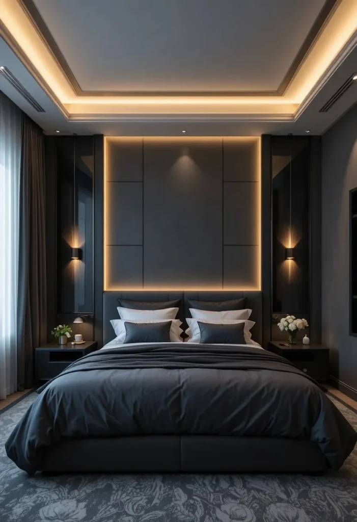 Dark gray bedroom featuring warm ambient lighting that creates a cozy luxury retreat.