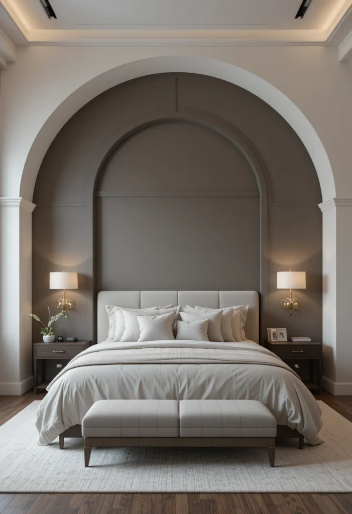 Painted arch accent wall creating an architectural focal point behind the bed.
