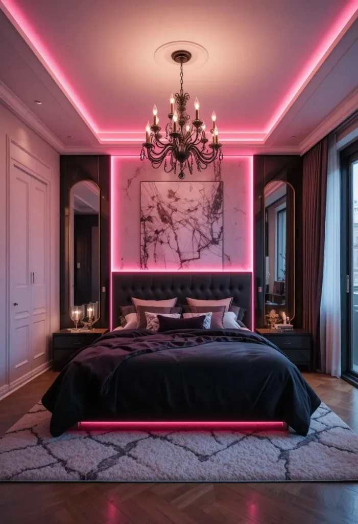 Pink and black bedroom illuminated with atmospheric mood lighting.