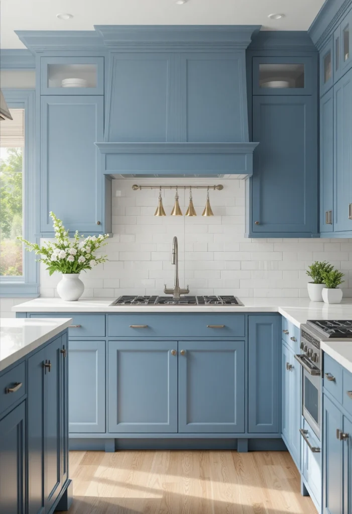 Classic blue shaker kitchen cabinets with timeless styling.