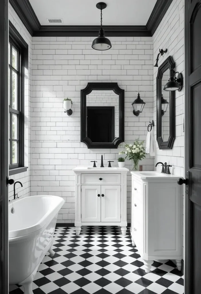 Black and white bathroom with classic checkerboard floor tiles and vintage-inspired decor.